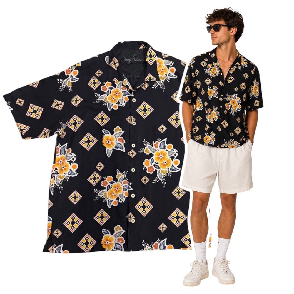 Tommy Bahama 100% Silk Hawaiian Camp Shirt Black Floral Men’s Large Aloha Tiki